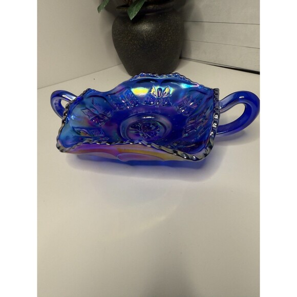 Fenton Cobalt Blue Carnival Glass Butterfly Candy Bon Bon Dish Iridescent - Picture 7 of 8